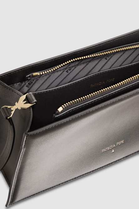 Leather shoulder pocket bag with zipper, Black, Patrizia Pepe