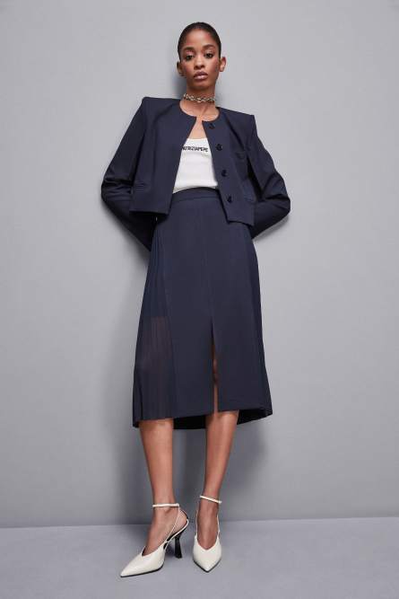 Falda midi de gabardina de talle alto, Azul