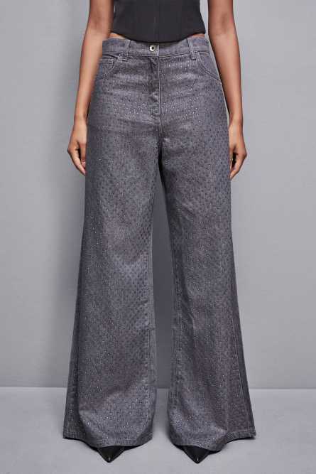 Jean large taille basse gris avec strass, Gris, Patrizia Pepe