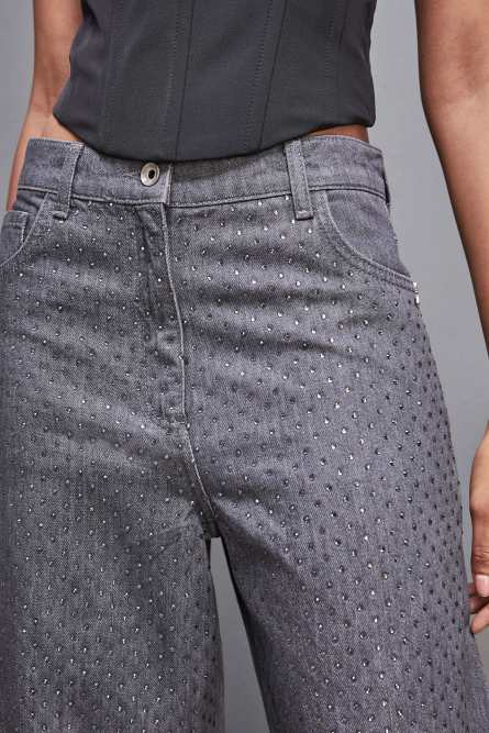 Jean large taille basse gris avec strass, Gris, Patrizia Pepe