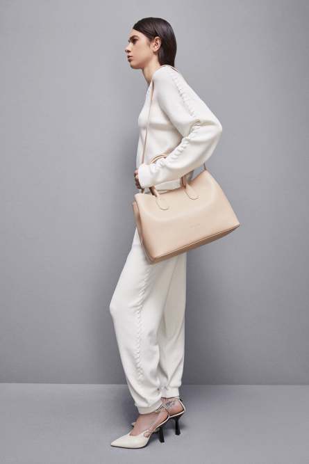 Fly Shopping Bag aus Leder mit Trageriemen, Beige, Patrizia Pepe
