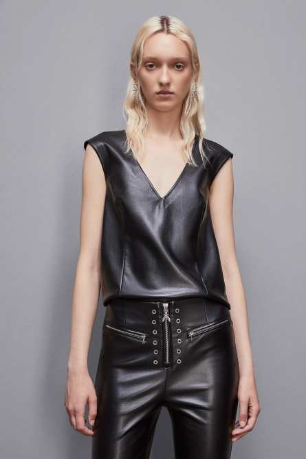 Top a &quot;V&quot; con zip, Nero, Patrizia Pepe