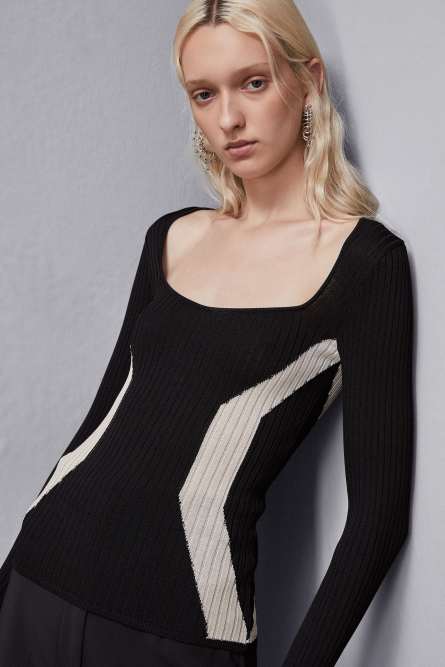 Viscose blend ribbed sweater, Black, White, Patrizia Pepe