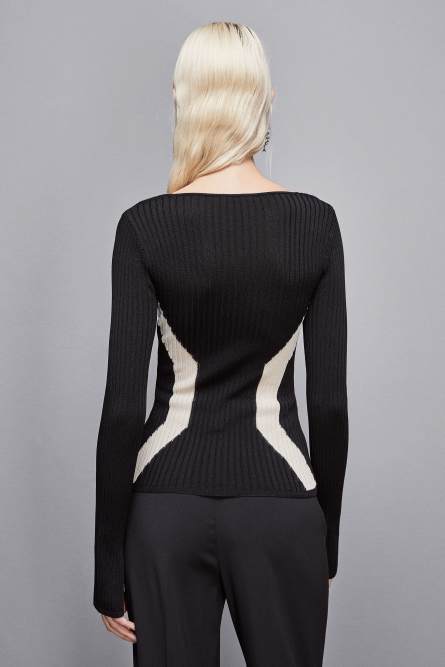 Viscose blend ribbed sweater, Black, White, Patrizia Pepe