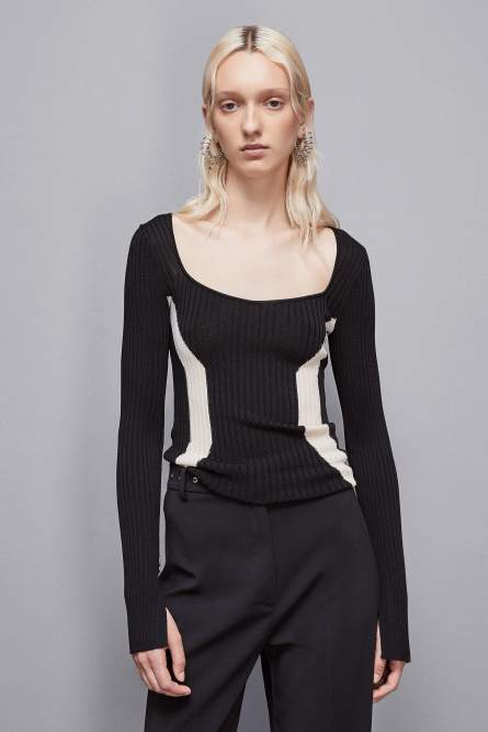 Viscose blend ribbed sweater, Black, White, Patrizia Pepe