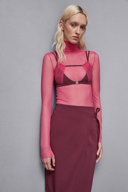 Stretch tulle turtleneck, Pink, Patrizia Pepe
