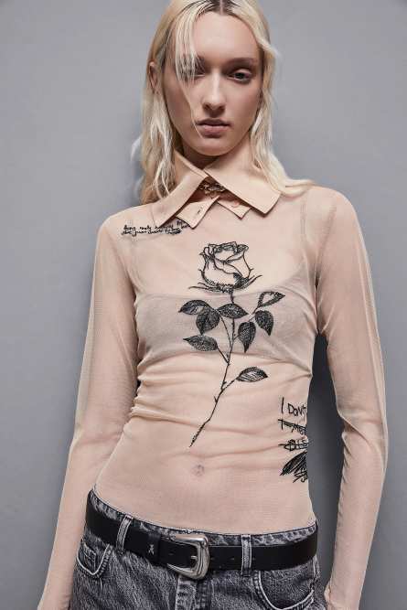 Shirt mit Tüllstickerei, Beige, Patrizia Pepe