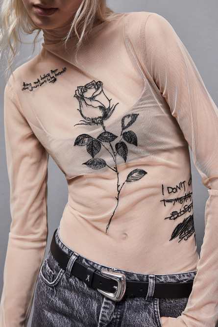 Shirt mit Tüllstickerei, Beige, Patrizia Pepe