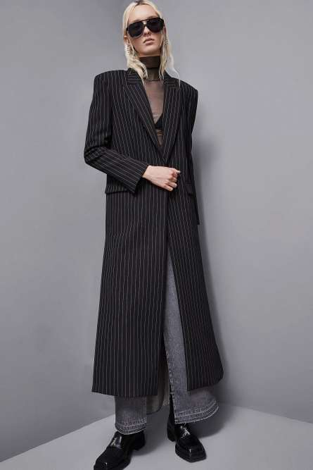 Long pinstripe flannel coat, Black, Patrizia Pepe