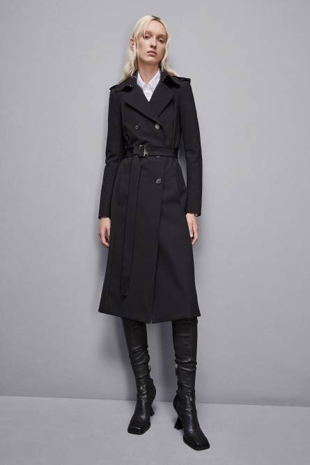 Trench coat with buckle made of bielastic nylon, Black, Patrizia Pepe
