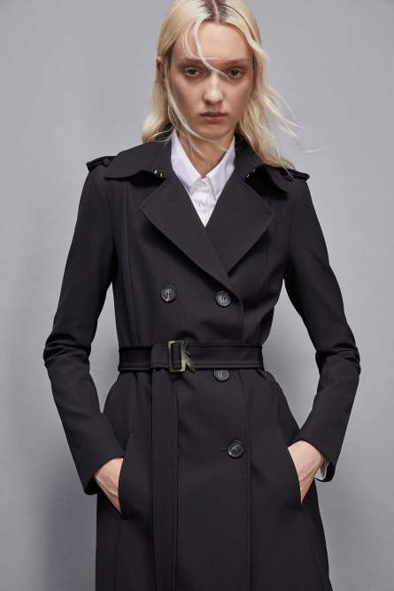 Trench coat with buckle made of bielastic nylon, Black, Patrizia Pepe