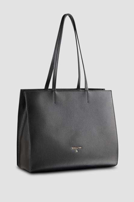 Leather shopping bag with zipper, Black, Patrizia Pepe