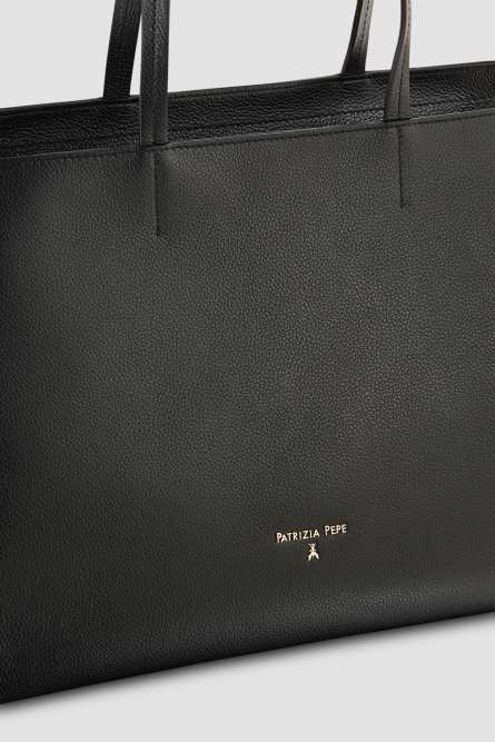 Leather shopping bag with zipper, Black, Patrizia Pepe