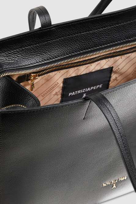 Leather shopping bag with zipper, Black, Patrizia Pepe