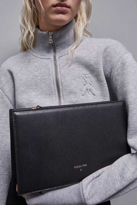 Leather shoulder pocket bag with zipper, Black, Patrizia Pepe