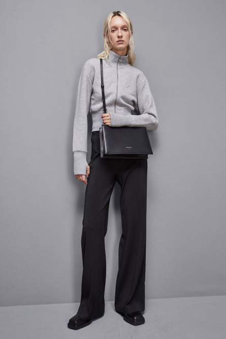 Leather shoulder pocket bag with zipper, Black, Patrizia Pepe