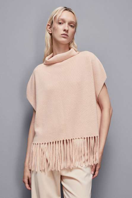 Organic wool fringed poncho, Beige, Patrizia Pepe