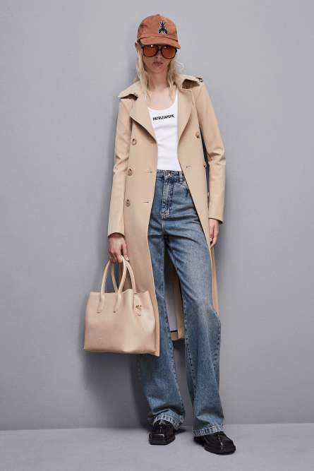 Trench coat with buckle made of bielastic nylon, Beige, Patrizia Pepe