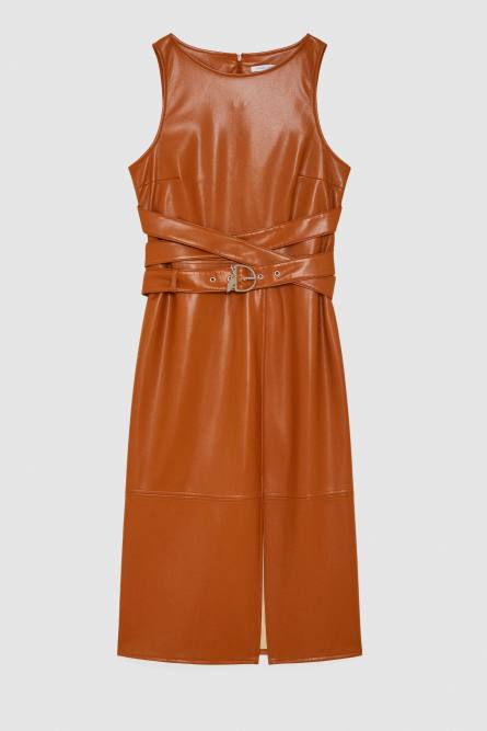 Midi dress in coated fabric, Brown, Patrizia Pepe