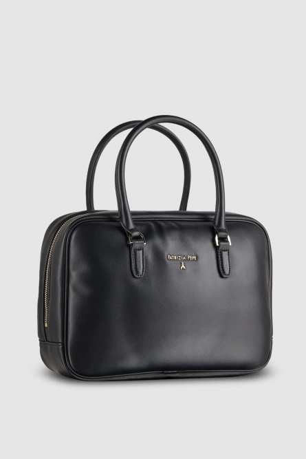 Leather shoulder camera case with zipper, Black, Patrizia Pepe