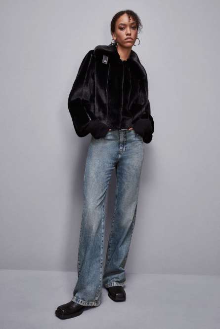 Short synthetic fabric coat, Black, Patrizia Pepe