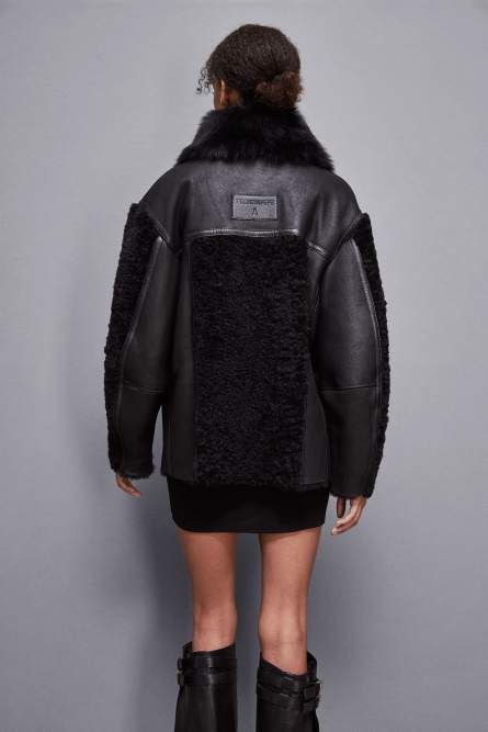 Oversized biker jacket with fur, Black, Patrizia Pepe