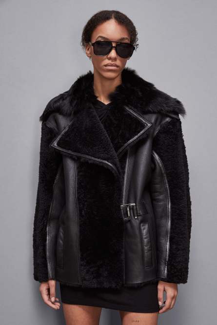 Oversized biker jacket with fur, Black, Patrizia Pepe