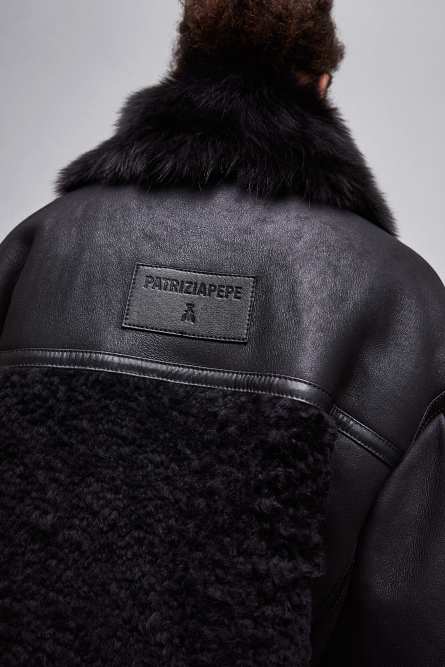 Oversized biker jacket with fur, Black, Patrizia Pepe