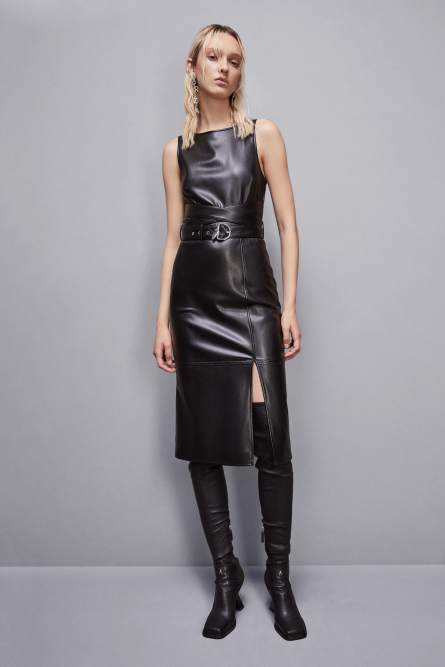 Robe midi en tissu enduit, Noir, Patrizia Pepe
