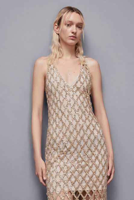 Jeweled mesh slim fit dress, Gold, Patrizia Pepe