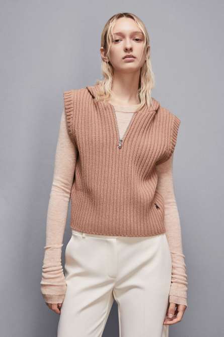 Ribbed vest with zipper, Beige, Patrizia Pepe