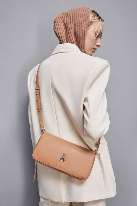 Leather shoulder bag with zipper, Brown, Patrizia Pepe