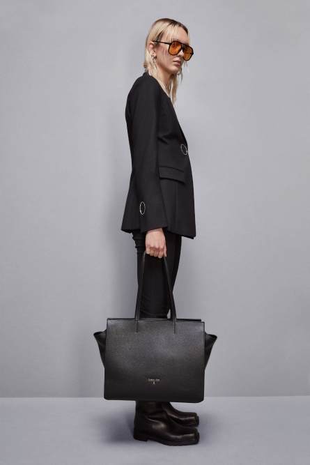 Leather shopping bag with zipper, Black, Patrizia Pepe