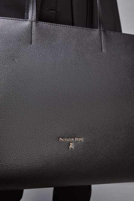 Leather shopping bag with zipper, Black, Patrizia Pepe