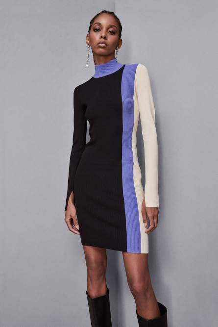 Midi dress in knit with color block, Black, White, Blue, Patrizia Pepe