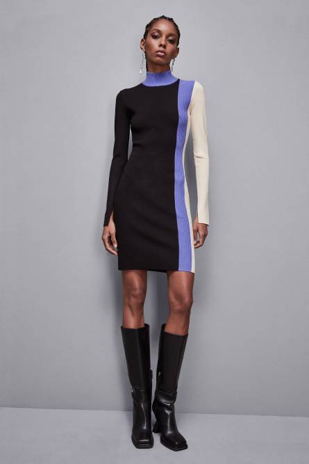 Midi dress in knit with color block, Black, White, Blue, Patrizia Pepe