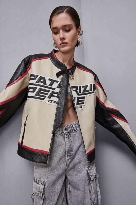 Leather racing biker jacket, Beige, Patrizia Pepe