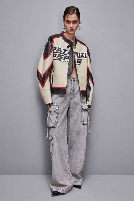 Leather racing biker jacket, Beige, Patrizia Pepe