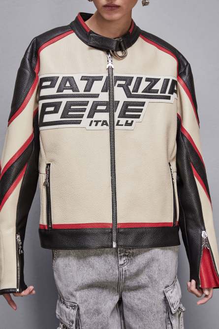 Leather racing biker jacket, Beige, Patrizia Pepe