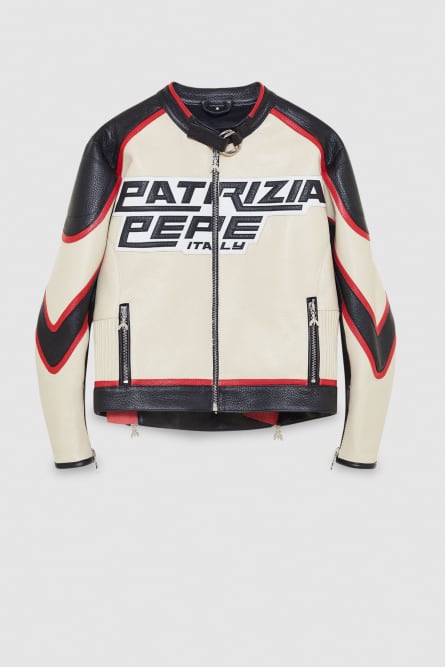 Leather racing biker jacket, Beige, Patrizia Pepe