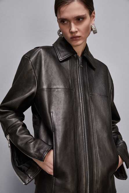 Leather jacket with zipper, Black, Patrizia Pepe