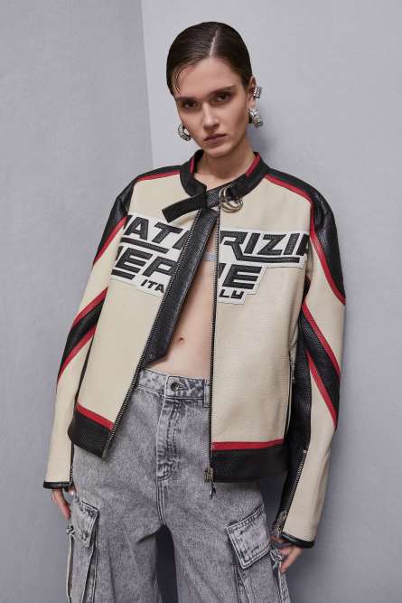 Leather racing biker jacket, Beige, Patrizia Pepe