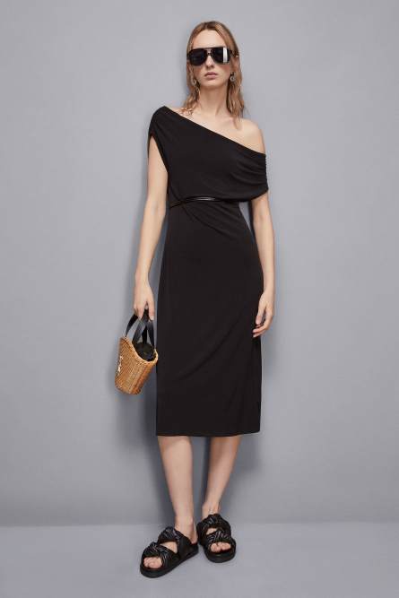 Boat neck dress with belt, Black, Patrizia Pepe