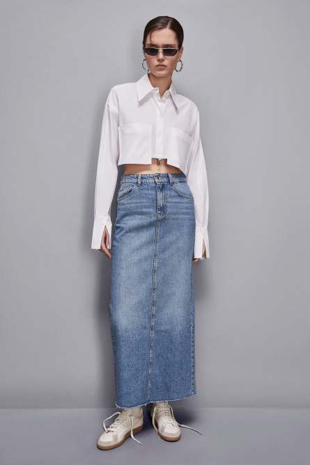 Essential denim skirt with slit, Blue, Patrizia Pepe