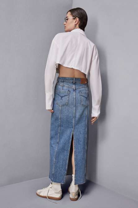 Essential denim skirt with slit, Blue, Patrizia Pepe