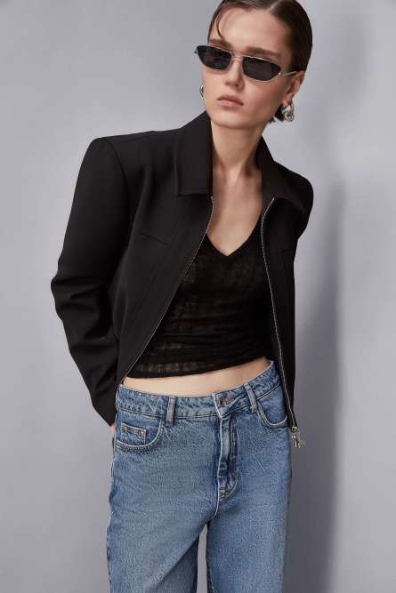 Zippered Essential cropped jacket, Black, Patrizia Pepe