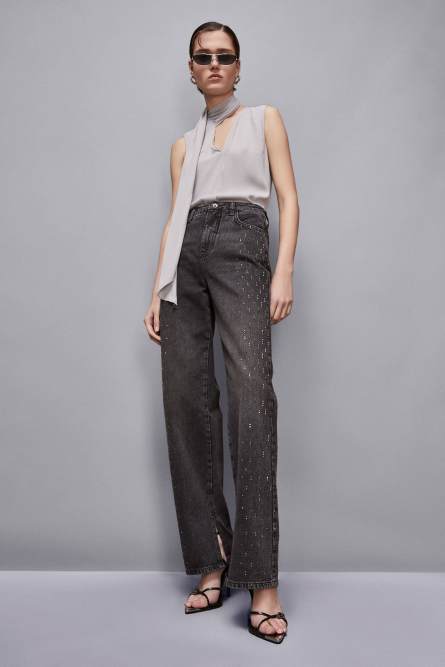 Denim pants with studs, Grey, Denim