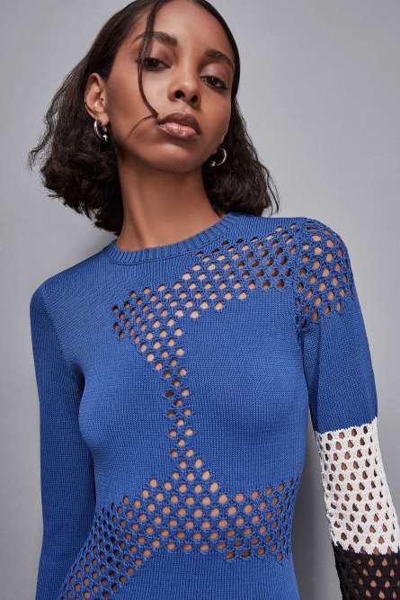 Midi dress with perforated details, Blue, Black, White, Patrizia Pepe
