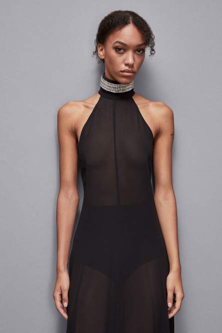 Long turtleneck georgette dress, Black, Patrizia Pepe