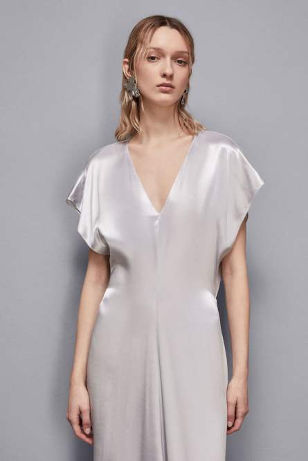 Robe en satin à col en V, Blanc, Patrizia Pepe